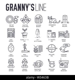 Set of grandmother`s house, lifestyle things and food thin line icons on white. Elder people belongings outline pictograms collection. Grannies hobbie Stock Vector